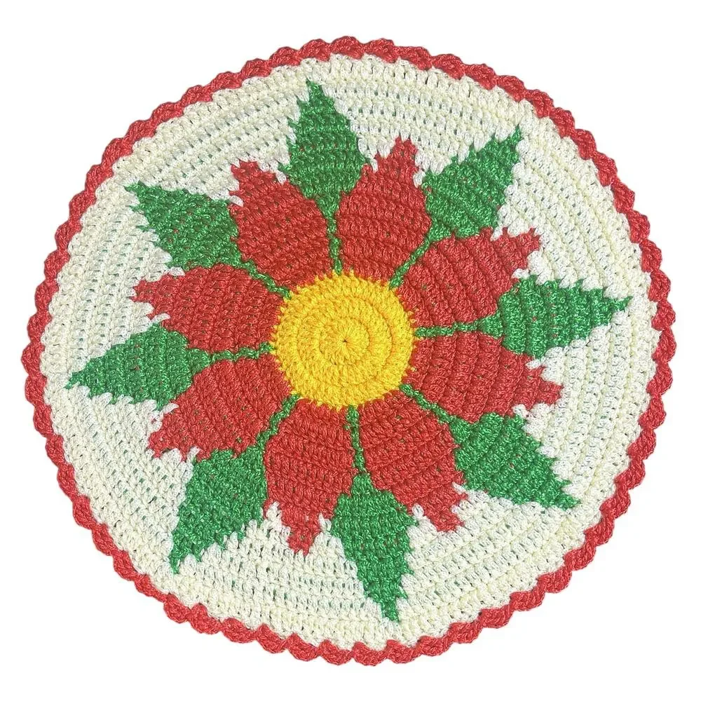 Set of 4 Handmade Crochet Floral Placemats Round Red Cream Green 13